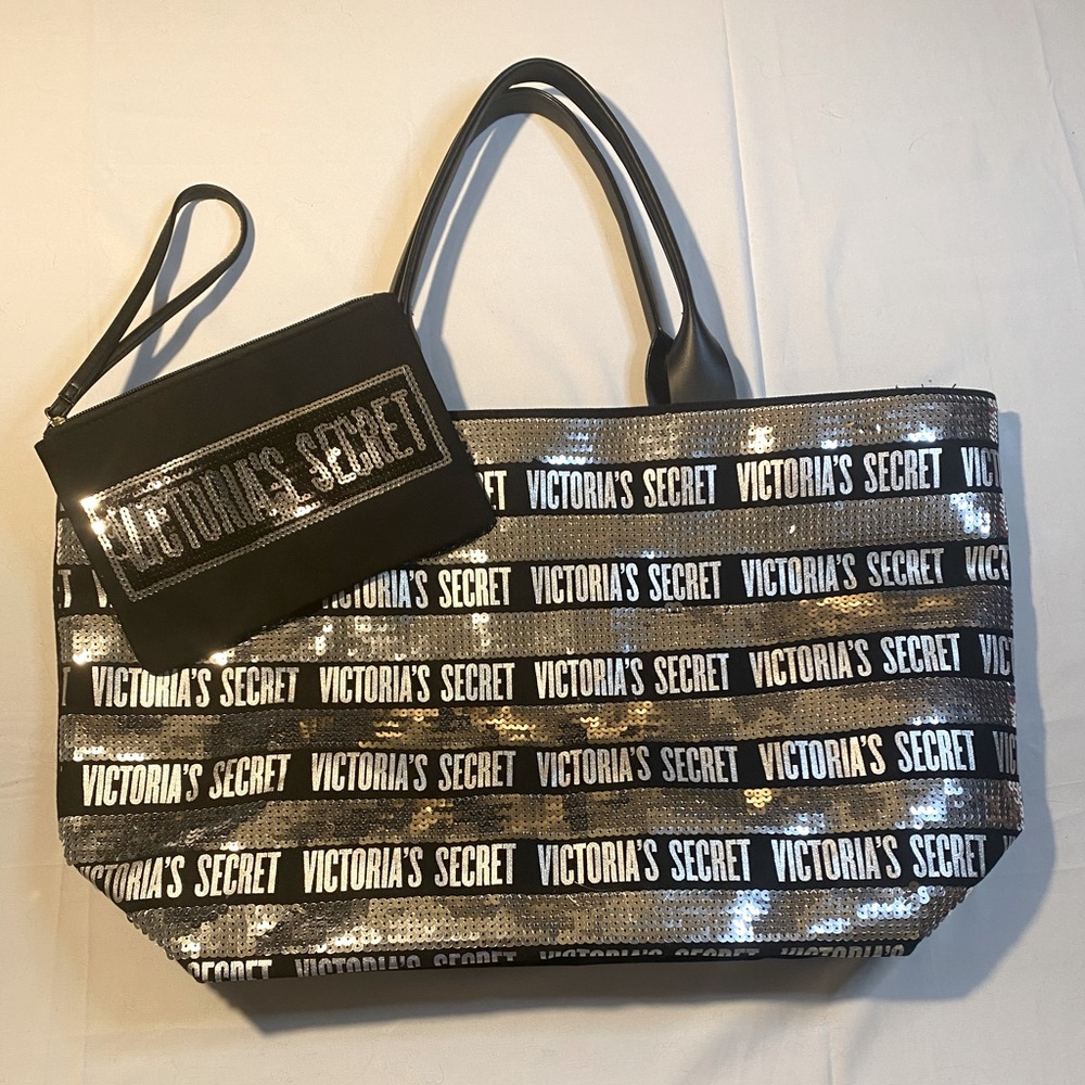 Victoria Secret silver sequin tote bag with make up bag included.  NWOT